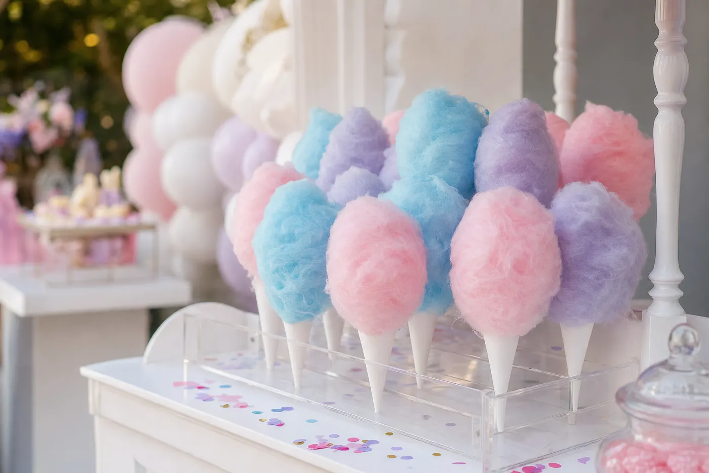Pink, blue, and lavender cotton candy cones displayed at a party