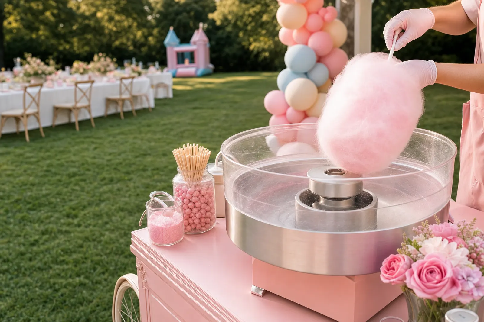 Fresh pink cotton candy being spun at an outdoor celebration